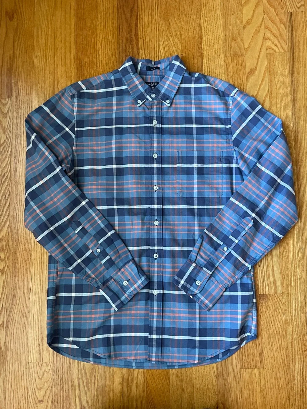 J. Crew Flex Oxford Slim Navy and Coral Plaid Button-Down Shirt